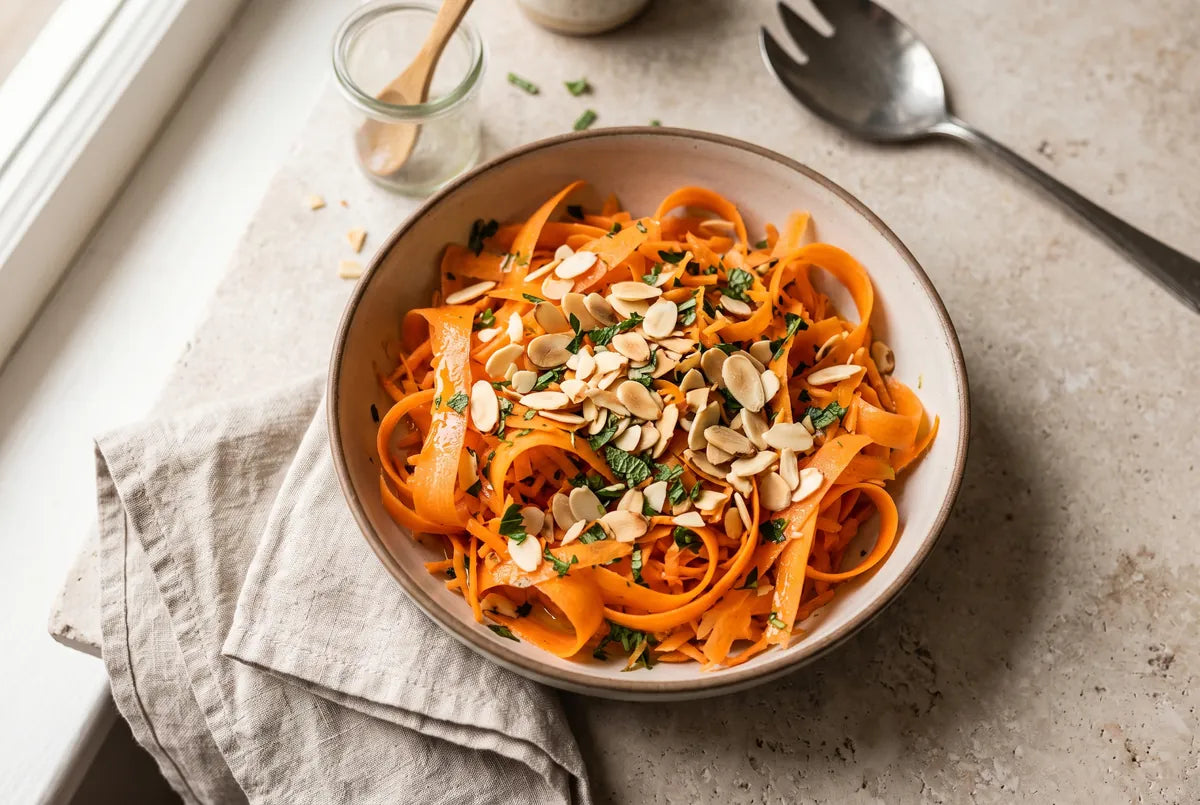 Carrot salad with quinoa, crunchy almonds and walnuts.