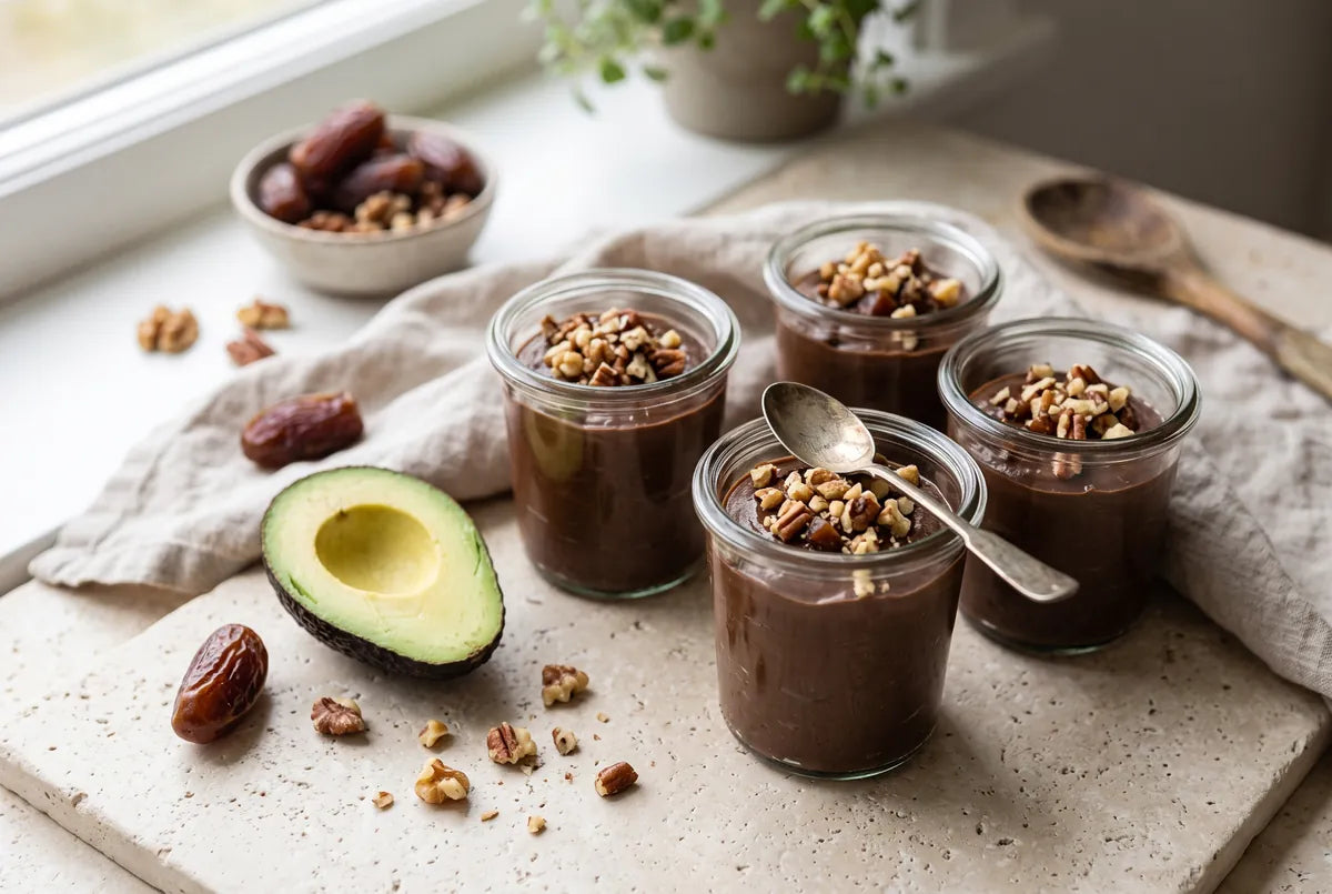 Rich chocolate pudding blended from avocado, banana and dates.