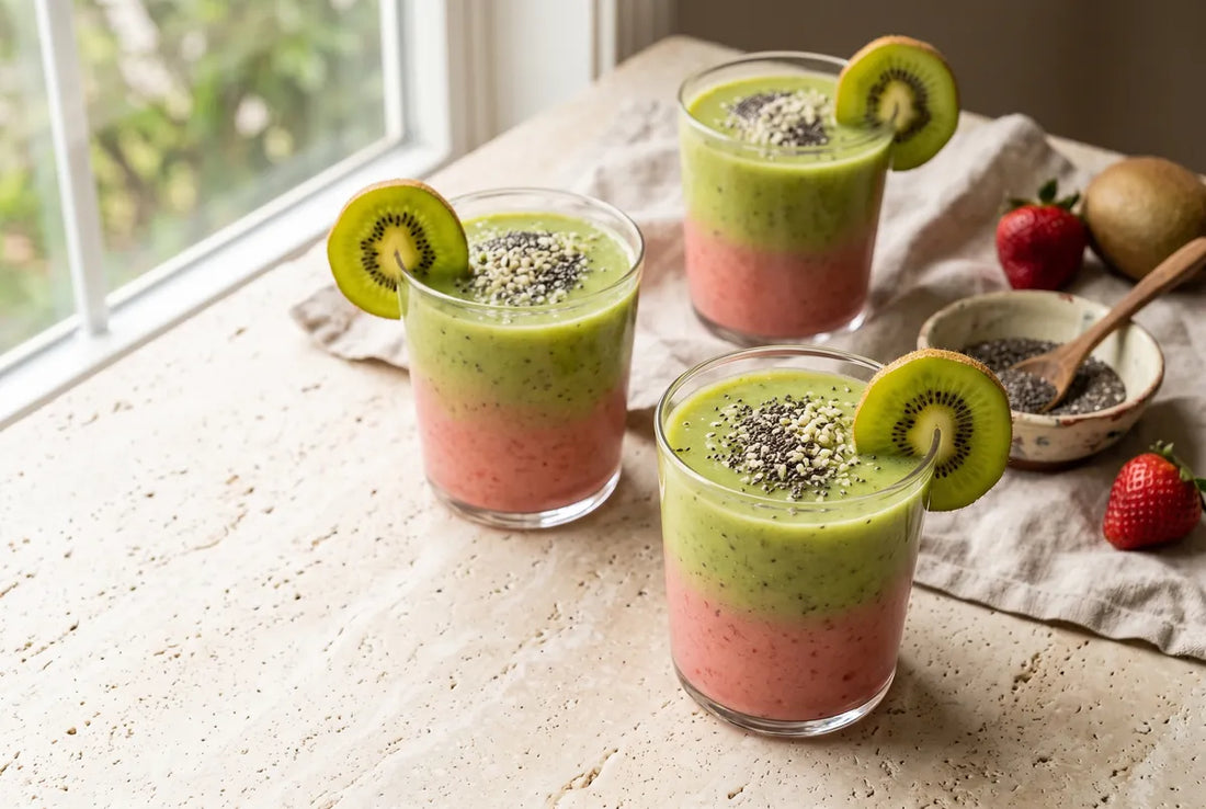 Balance smoothie of kiwi, avocado and strawberries over rooibos with chia and hemp.