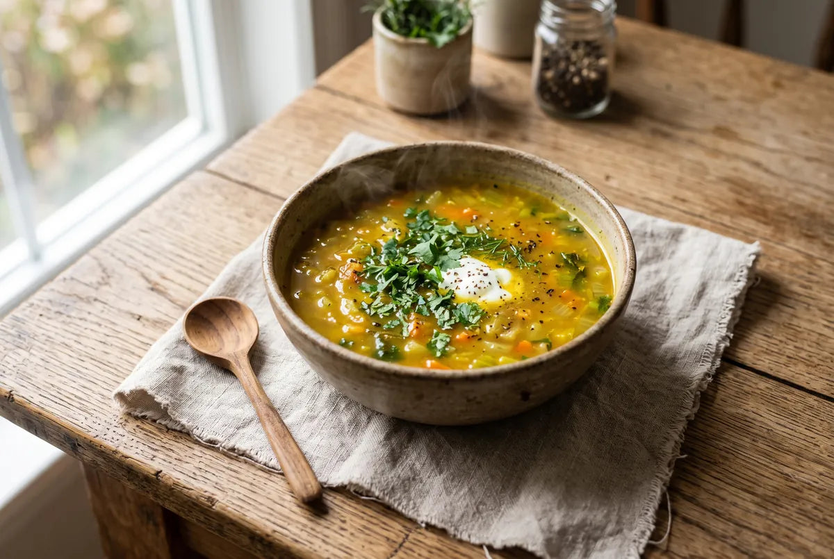 Warming vegetable soup with ginger, turmeric and cumin.