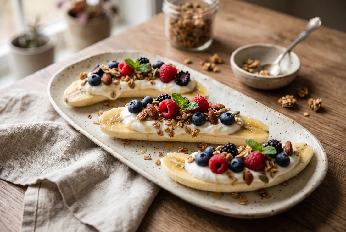 Banana halves topped with probiotic yogurt, granola and fresh berries.