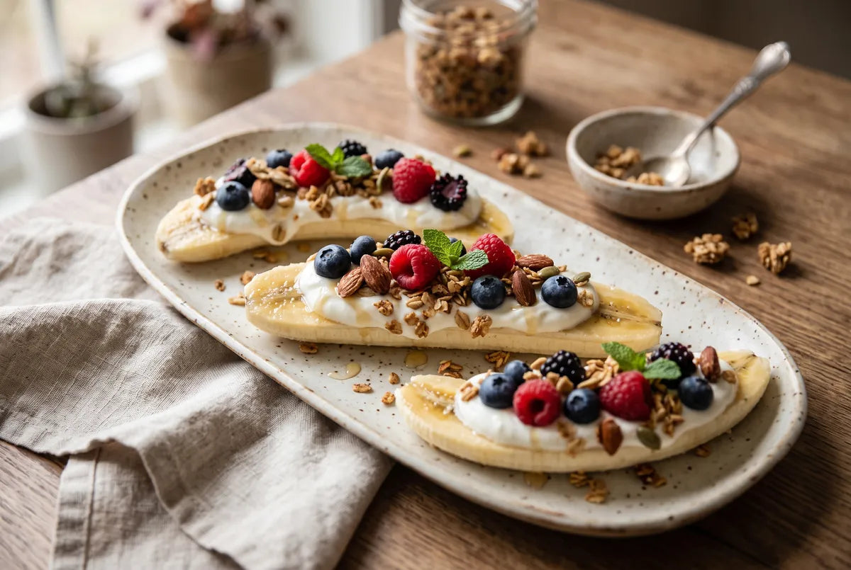 Banana halves topped with probiotic yogurt, granola and fresh berries.