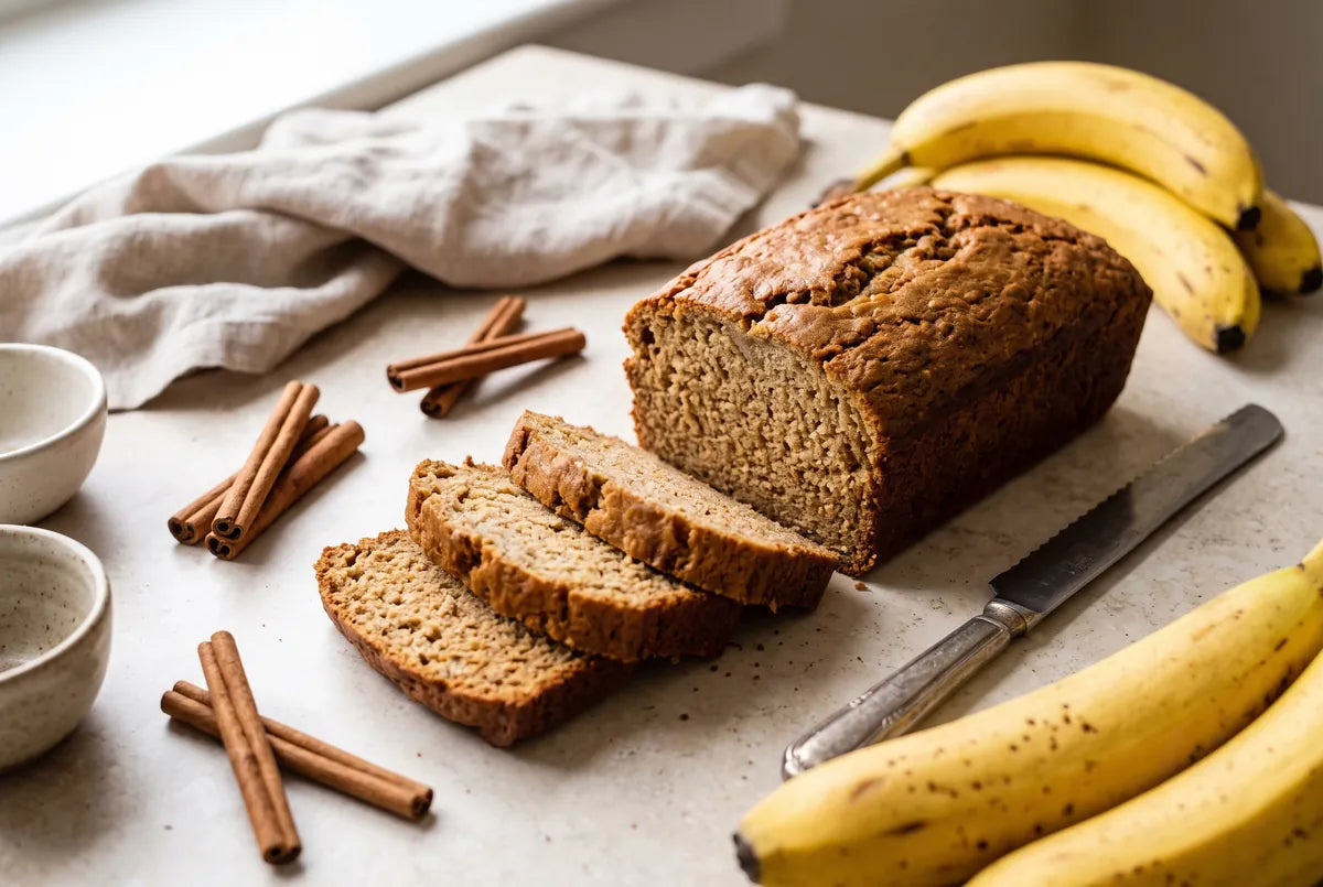 Banana bread naturally sweetened with dates and apple juice concentrate.