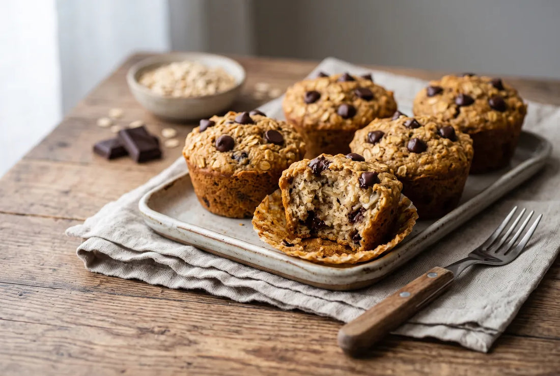 Oat and banana muffins with dark chocolate chips, made without added flour.