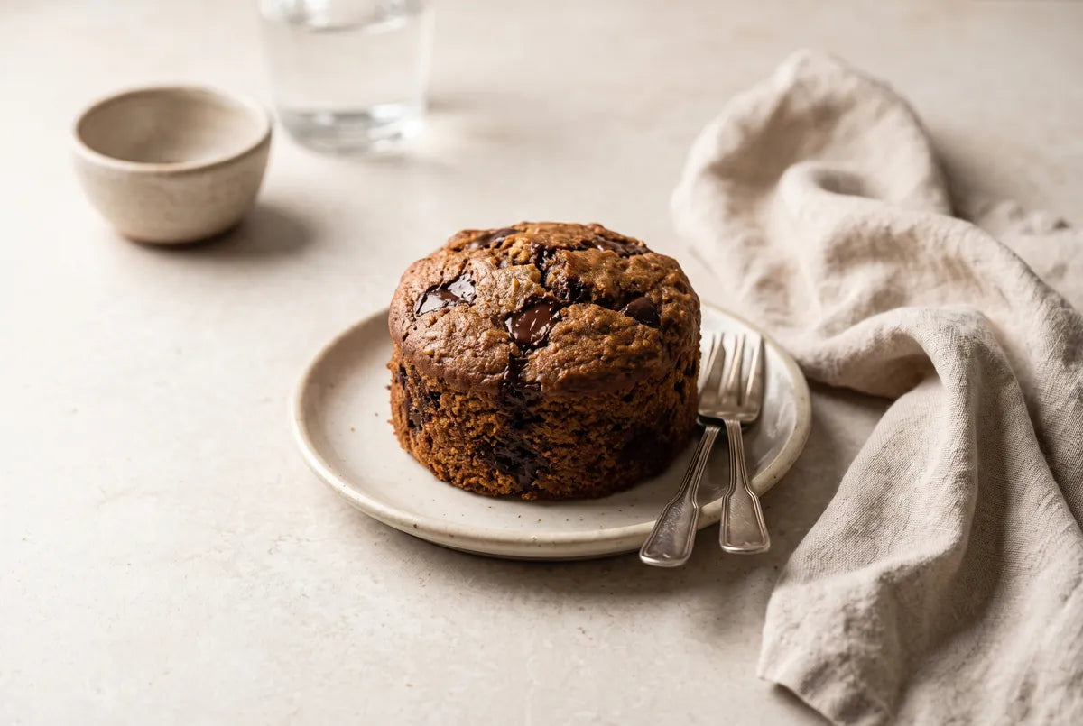Small-batch chocolate cake for two, sweetened with banana and carob.