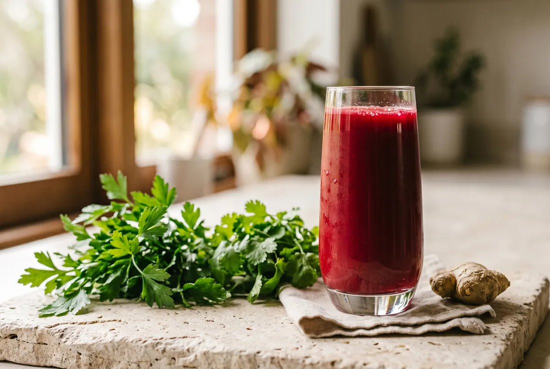 Fresh juice of carrot, apple, celery and beetroot with parsley, coriander and ginger.