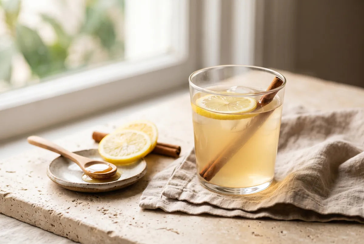 Apple cider vinegar tonic with lemon, cinnamon and honey in a glass.