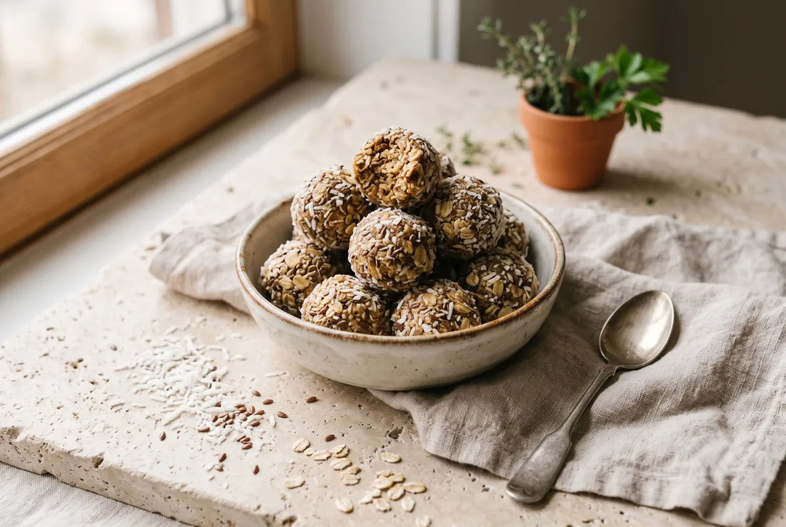 No-bake energy balls with oats, peanut butter, coconut and flaxseed.