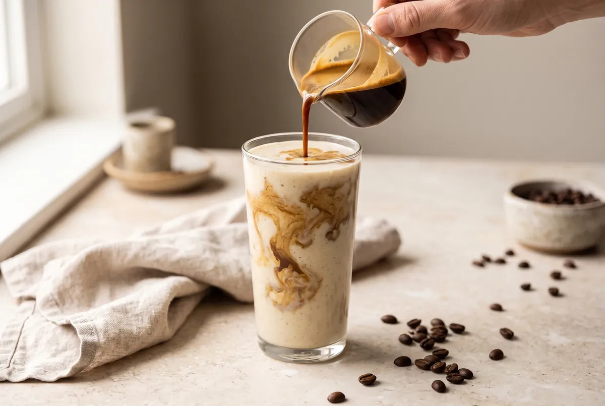 Espresso smoothie with banana, peanut butter and almond milk under a coffee shot.