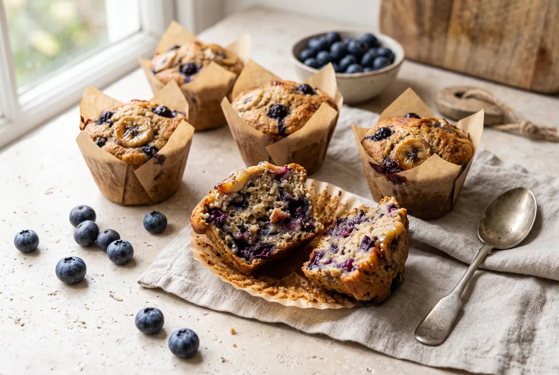 Date-sweetened muffins loaded with banana and blueberries.