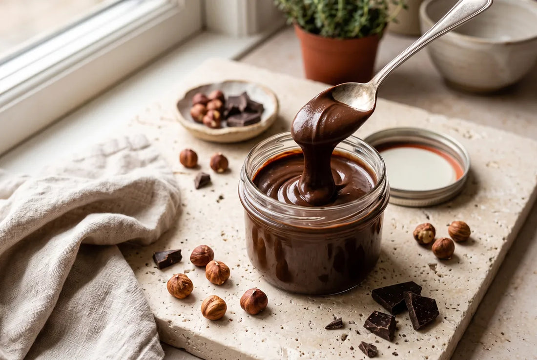 Homemade hazelnut-chocolate spread in a jar.