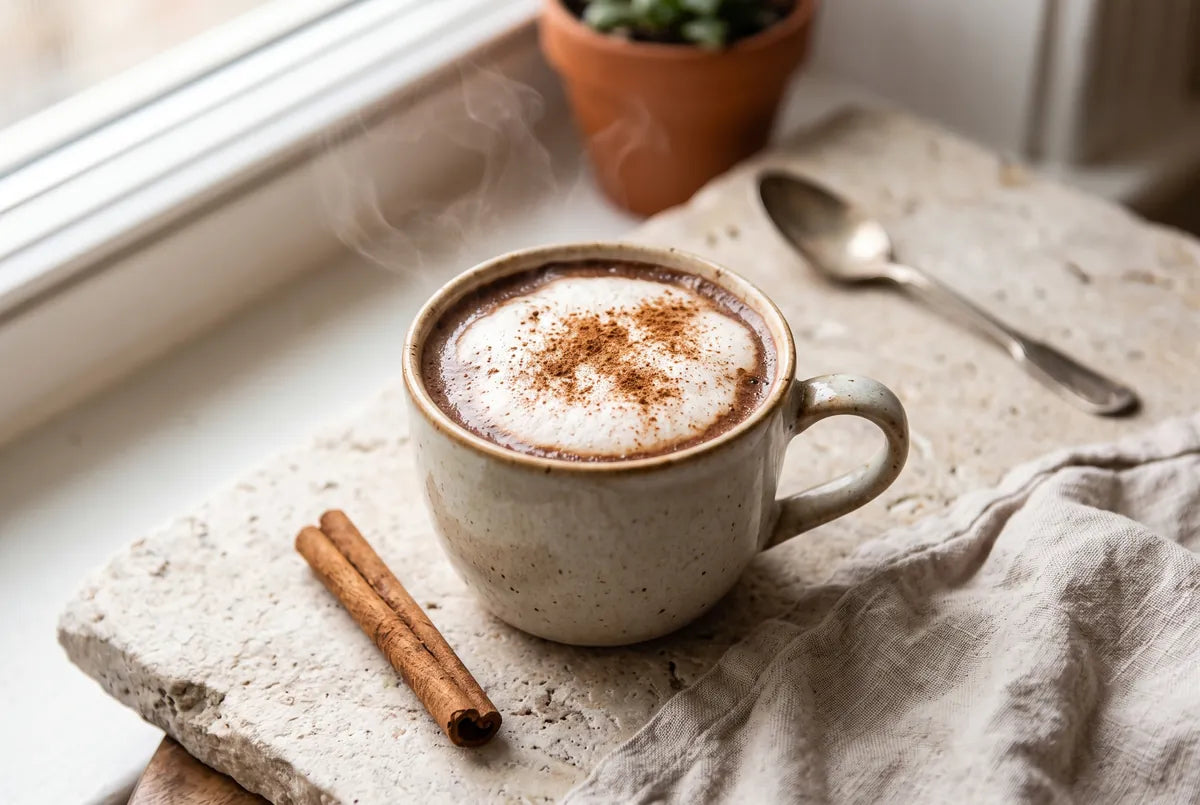 Mug of naturally sweetened hot chocolate blended with cinnamon and almond milk.