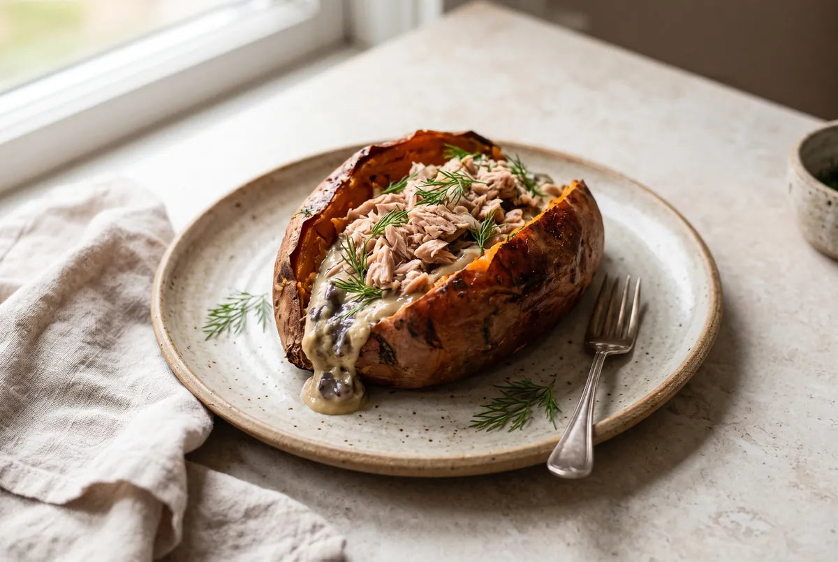Roasted sweet potato kumpir with smoky eggplant-tahini sauce, tuna and dill.