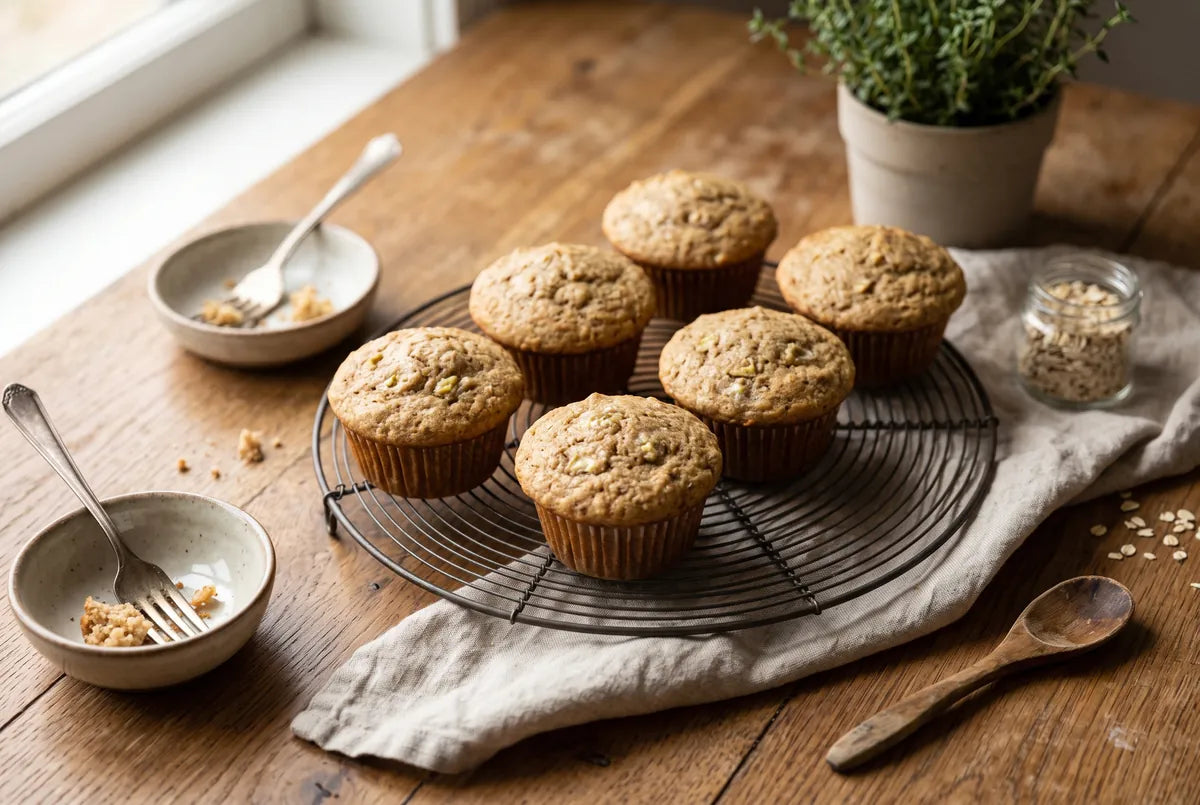 Soft banana muffins made with whole wheat flour and applesauce, no refined sugar.