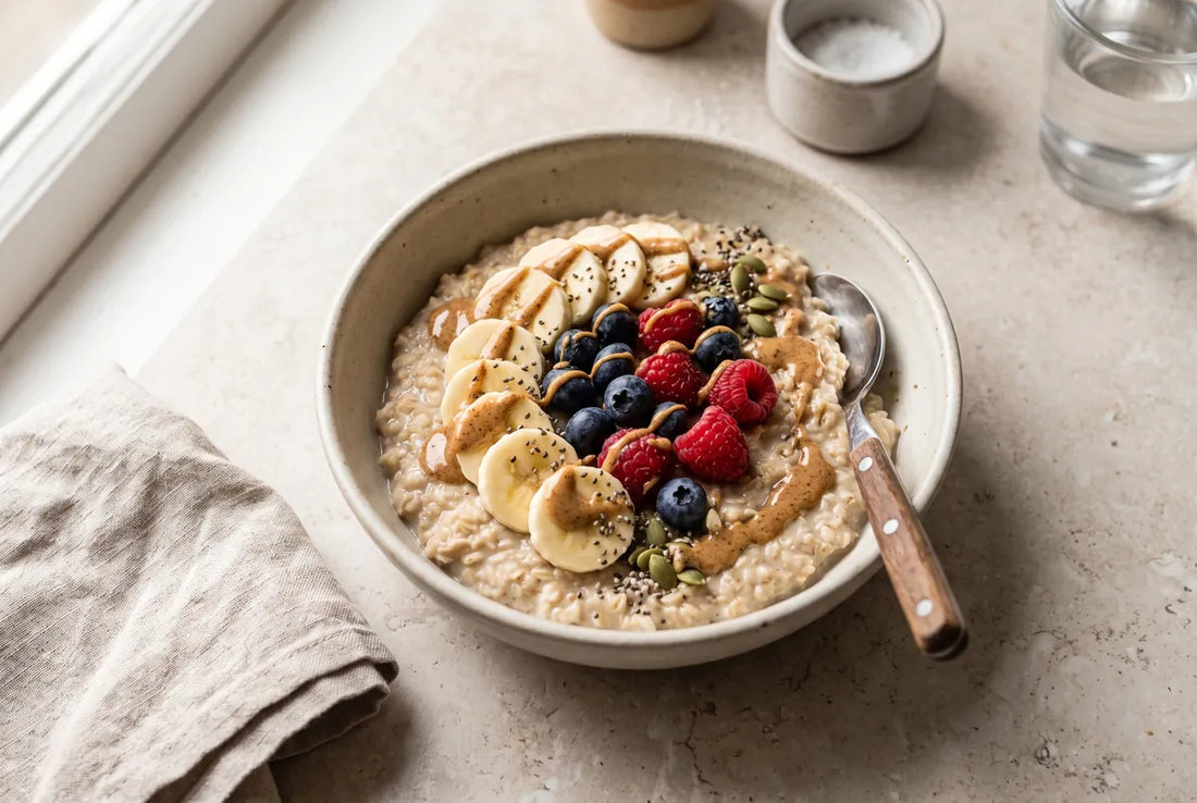 nFit signature fluffy oat bowl topped with fruit, ready in five minutes.