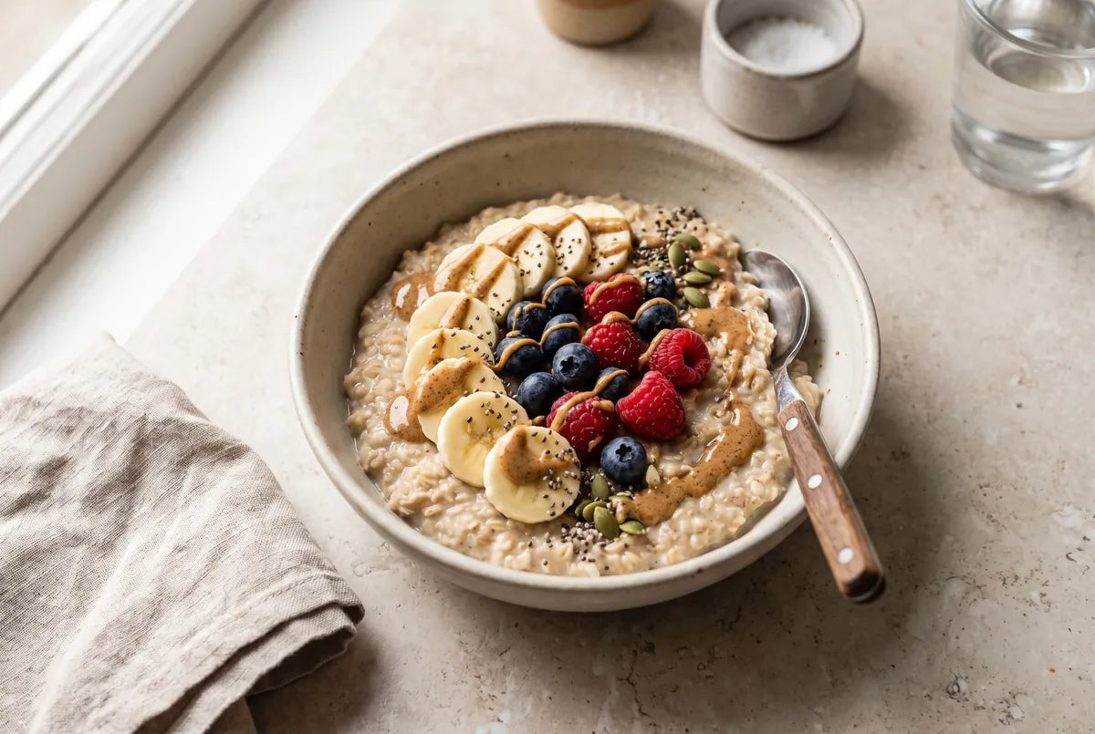 nFit signature fluffy oat bowl topped with fruit, ready in five minutes.