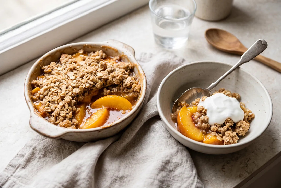 Gluten-free, refined sugar-free peach cobbler with a crumbly oat-almond topping.