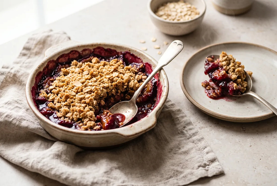 Gluten-free vegan plum crumble with a golden almond-oat topping.