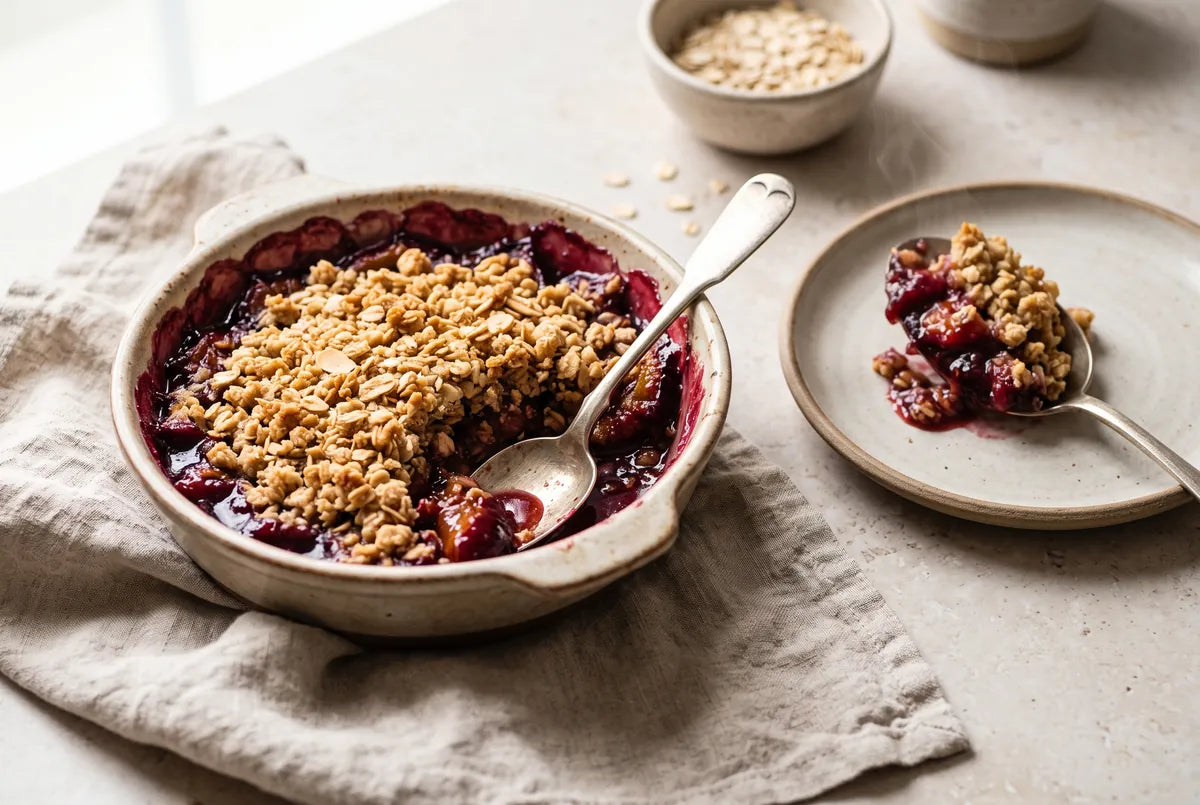 Gluten-free vegan plum crumble with a golden almond-oat topping.