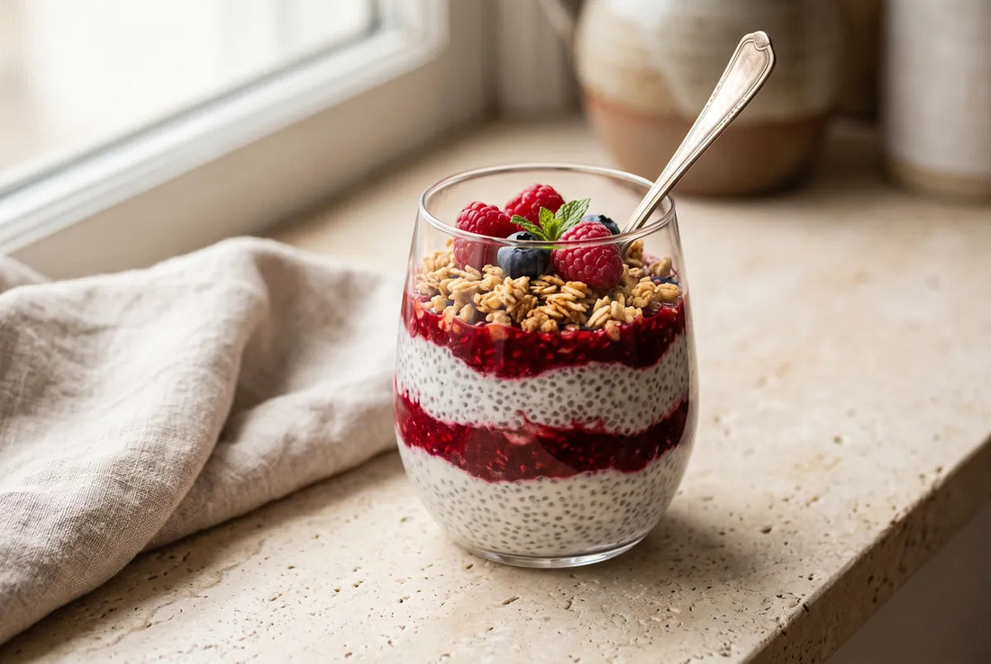 Layered chia and raspberry dessert topped with granola and fresh fruit.