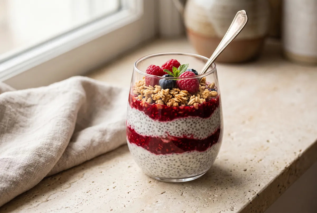 Layered chia and raspberry dessert topped with granola and fresh fruit.
