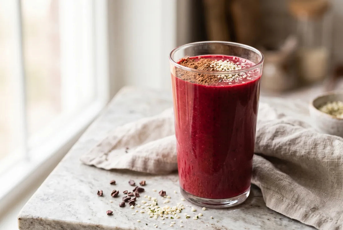 Vivid red beetroot, strawberry and banana smoothie with hemp and raw cacao.