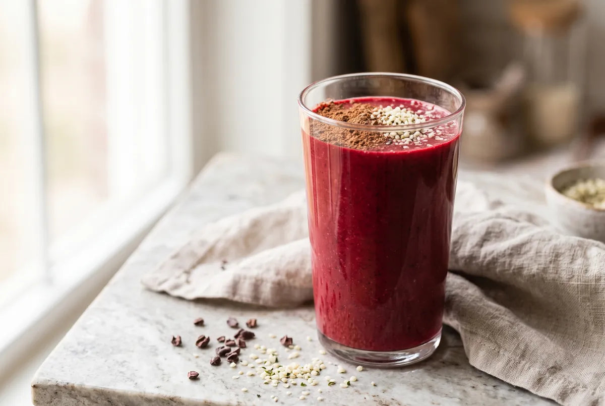 Vivid red beetroot, strawberry and banana smoothie with hemp and raw cacao.