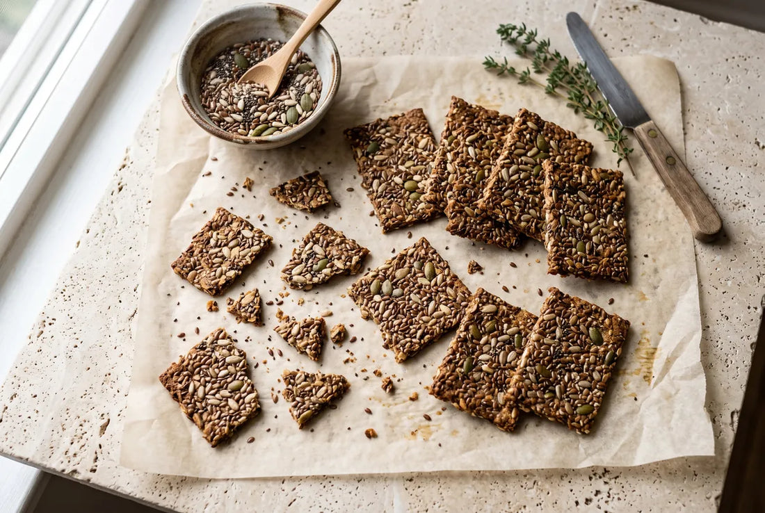 Crunchy homemade seed crackers made with flax, chia and sunflower seeds.