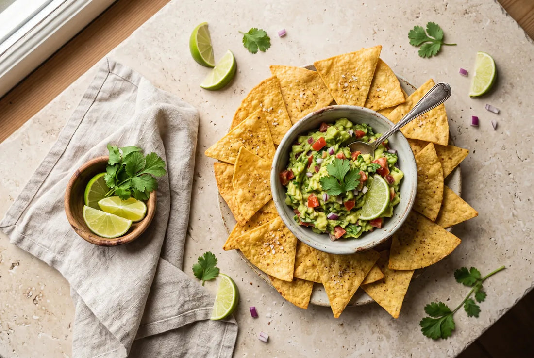 Oven-crisped tortilla nachos with a lime-spice glaze and homemade guacamole.