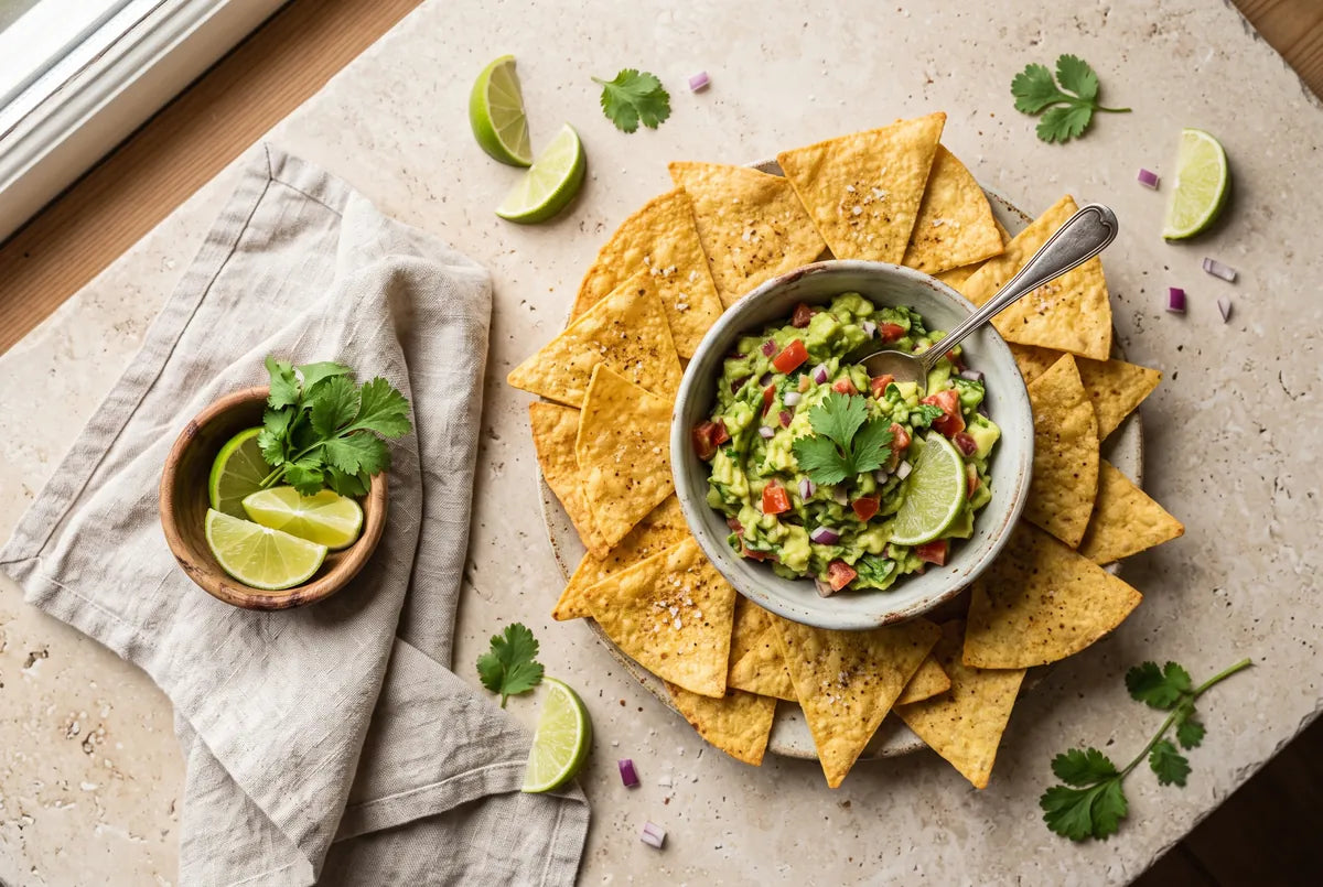 Oven-crisped tortilla nachos with a lime-spice glaze and homemade guacamole.