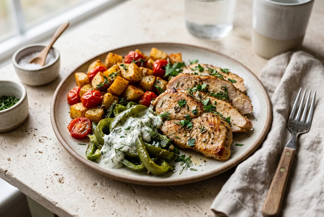Marinated roast turkey with peppers in yogurt sauce and spiced potatoes.