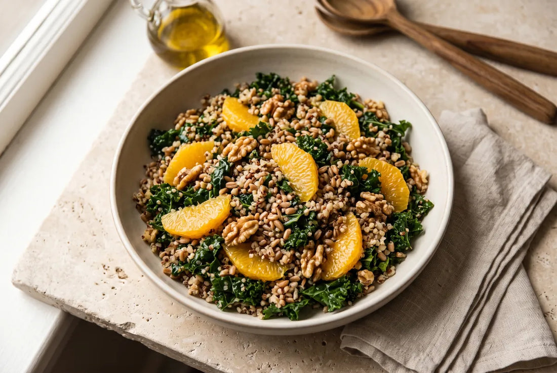 Winter salad of rocket, orange, buckwheat, green lentils, roasted almonds and avocado.