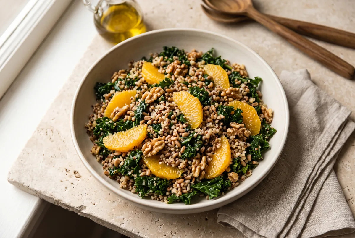 Winter salad of rocket, orange, buckwheat, green lentils, roasted almonds and avocado.