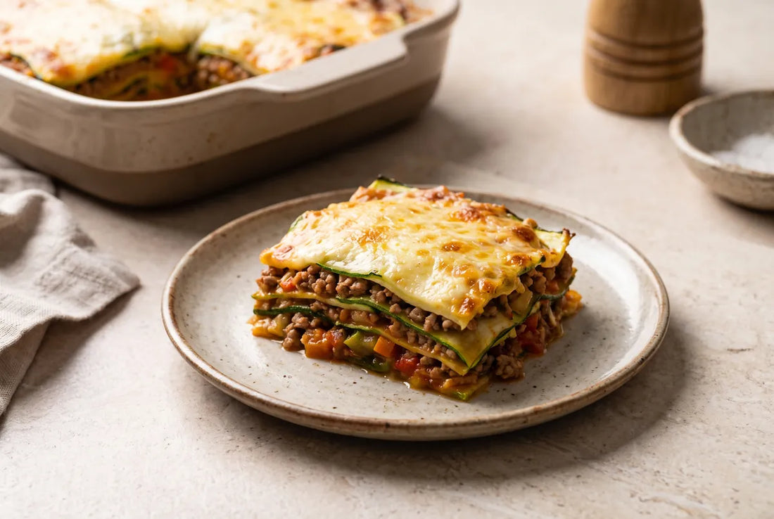 Zucchini lasagna with ribbons of zucchini in place of pasta sheets.