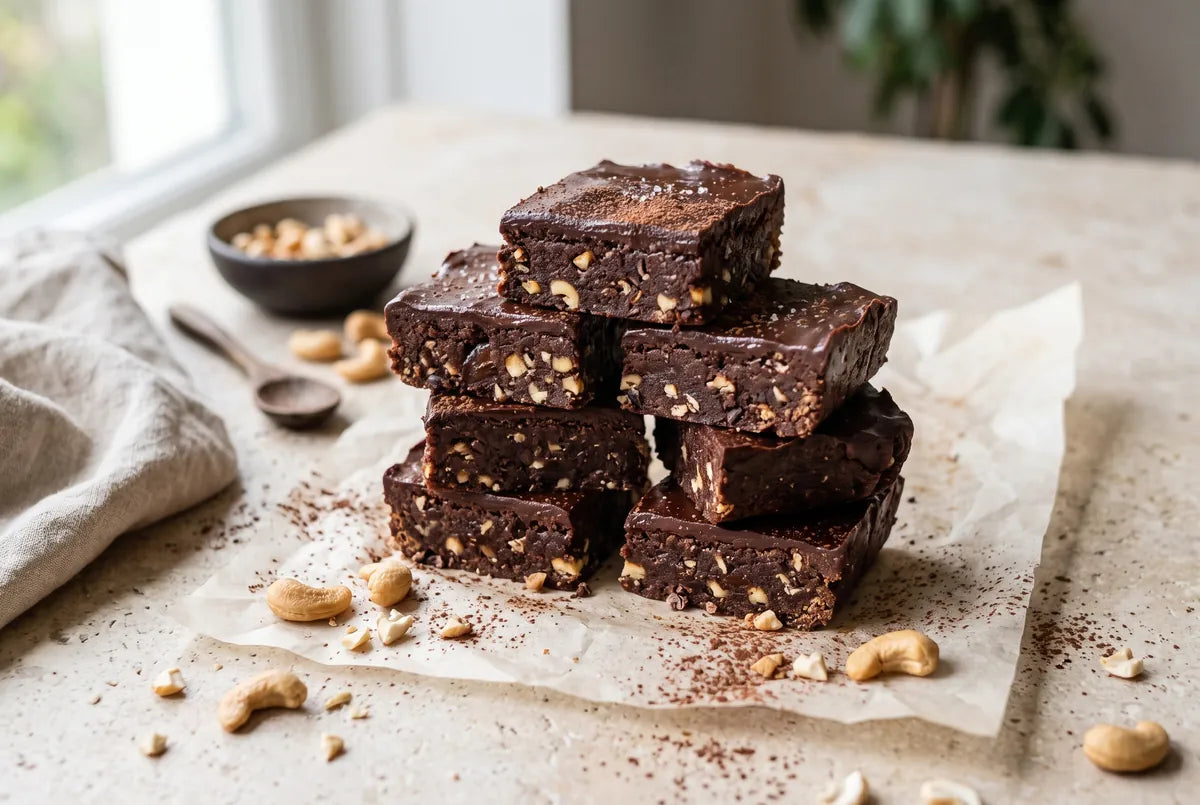 No-bake brownie of dates and cashews under a silky cacao glaze.