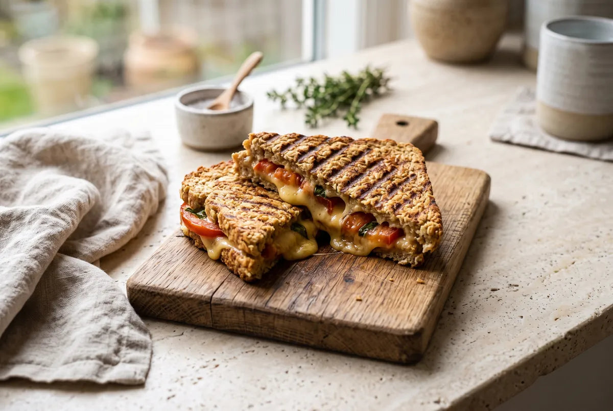 Toastie bread made from oats, yogurt and egg, cooked in a toastie machine.