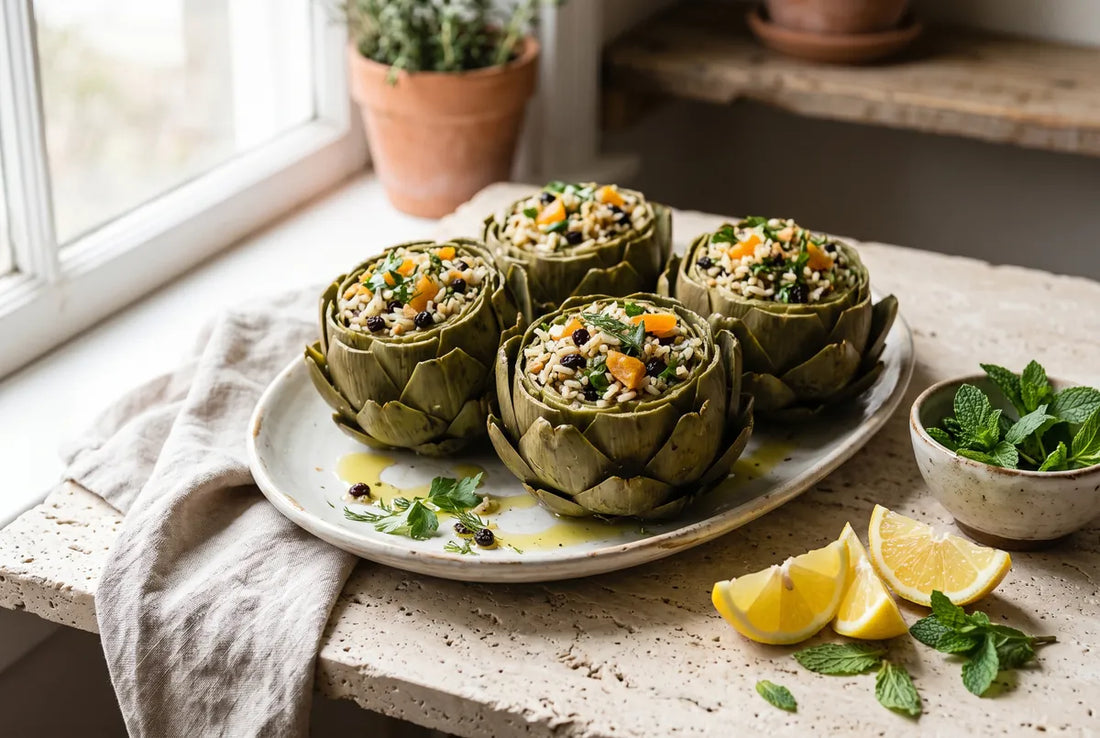 Whole artichokes stuffed with herbed rice, currants, apricots and walnuts.