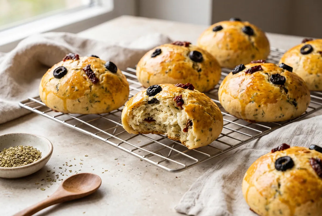 Soft gluten-free pogaca studded with olives, sun-dried tomatoes and dill.