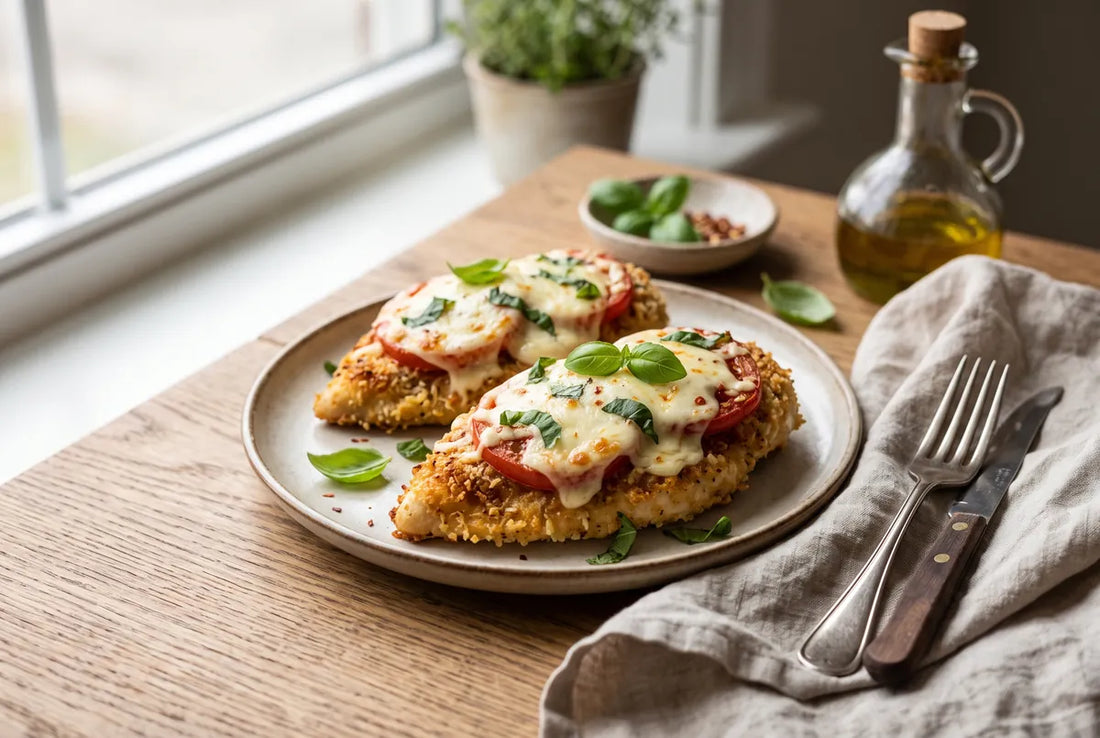 Crispy oven-baked parmesan-crusted chicken with tomato and melted mozzarella.