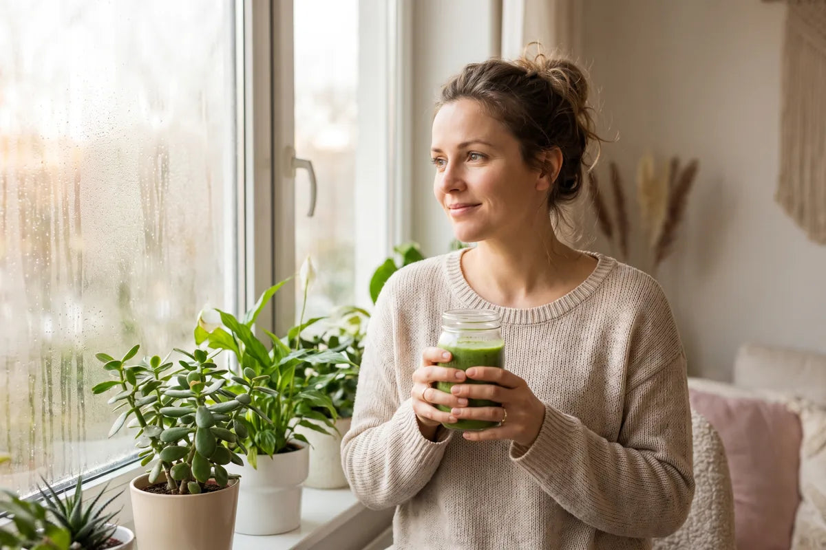 Hopeful woman in her thirties by a window holding a fresh green smoothie