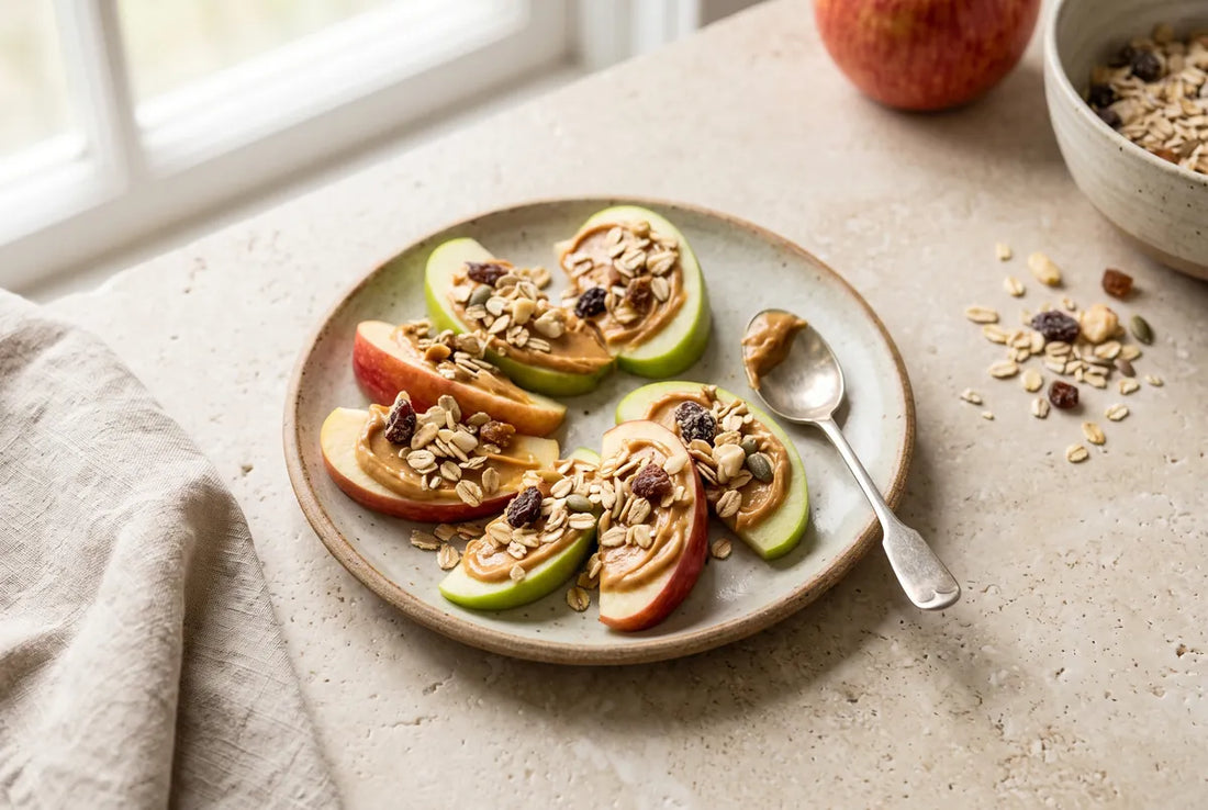 Crisp apple slices dipped in peanut butter and muesli.