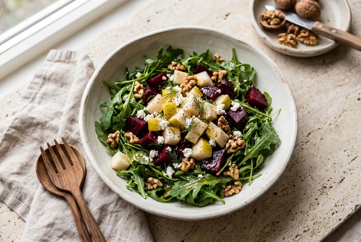 Pear and beet salad over rocket with honey-cider dressing and cracked walnuts.