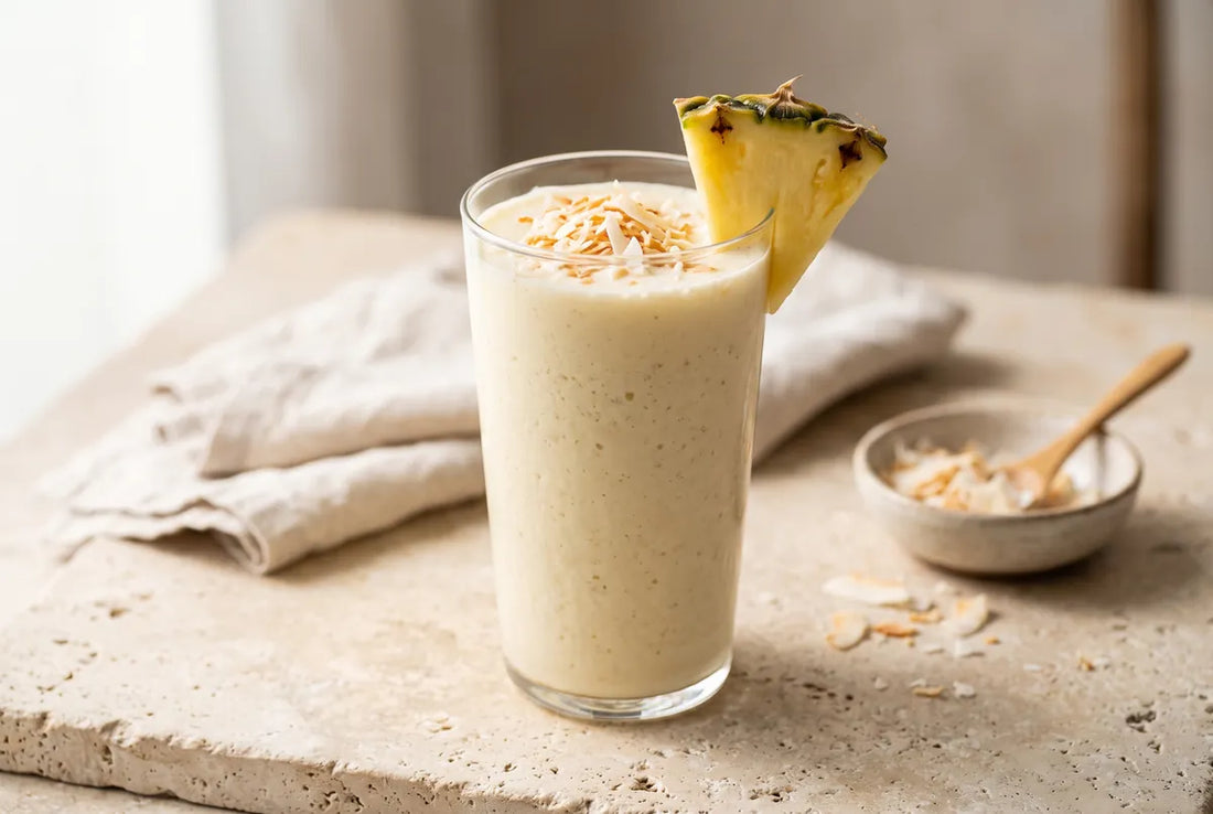Tropical alcohol-free pina colada smoothie of frozen pineapple and coconut.
