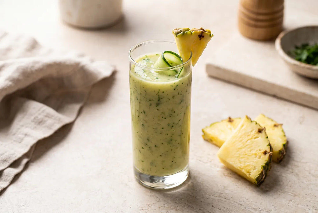 De-bloat smoothie of pineapple, avocado, cucumber and herbs over cooled green tea.