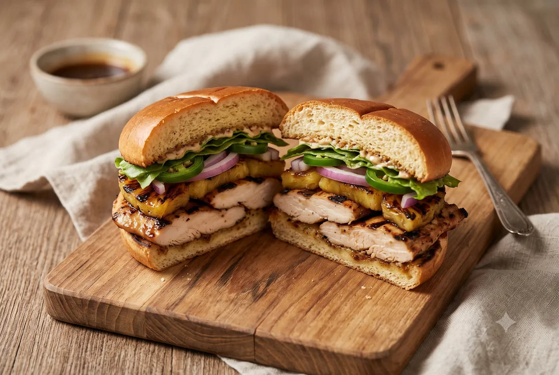 Teriyaki grilled chicken sandwich with caramelised pineapple, red onion and jalapeno.