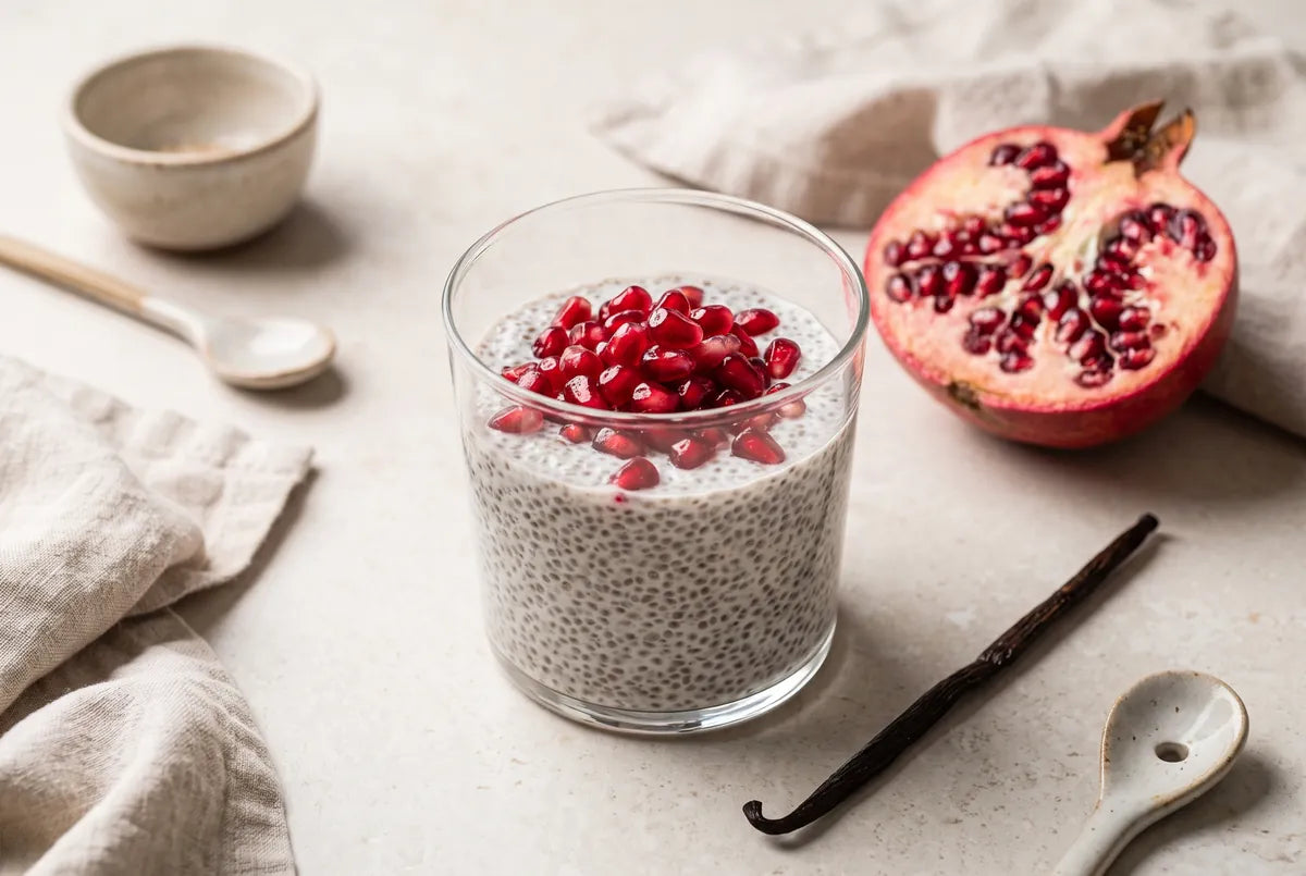 Refined sugar-free chia pudding sweetened with banana and jewelled with pomegranate.