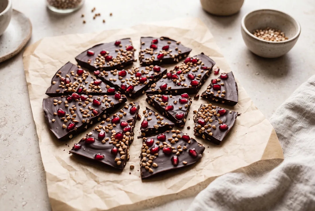 Dark chocolate bark with crushed buckwheat crispbread and fresh pomegranate seeds.