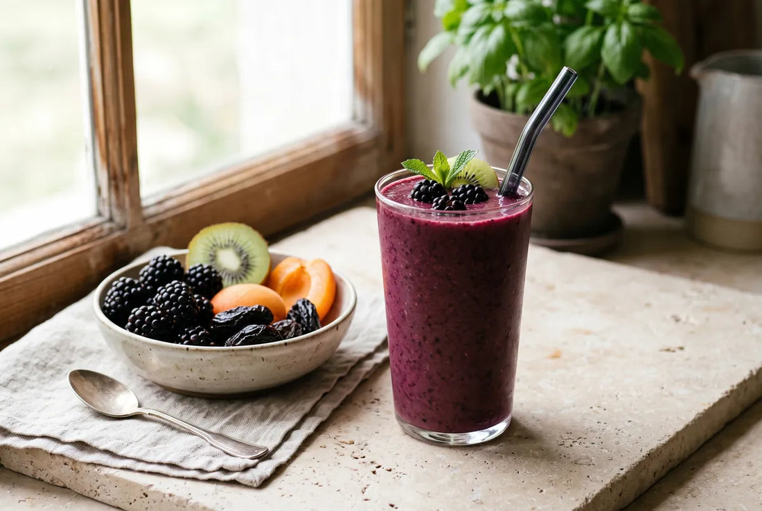 Nutrient-rich smoothie with orange, blackberry, kiwi, apricot and prune.