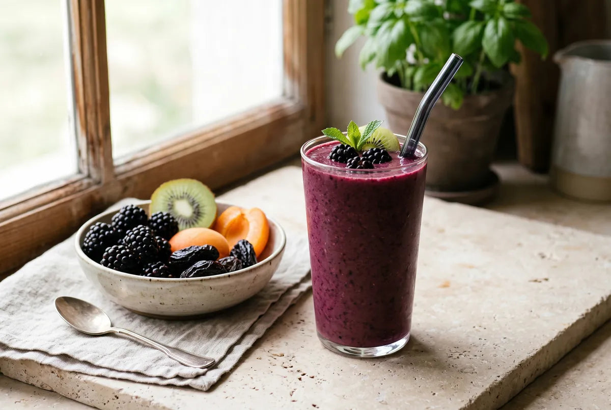 Nutrient-rich smoothie with orange, blackberry, kiwi, apricot and prune.