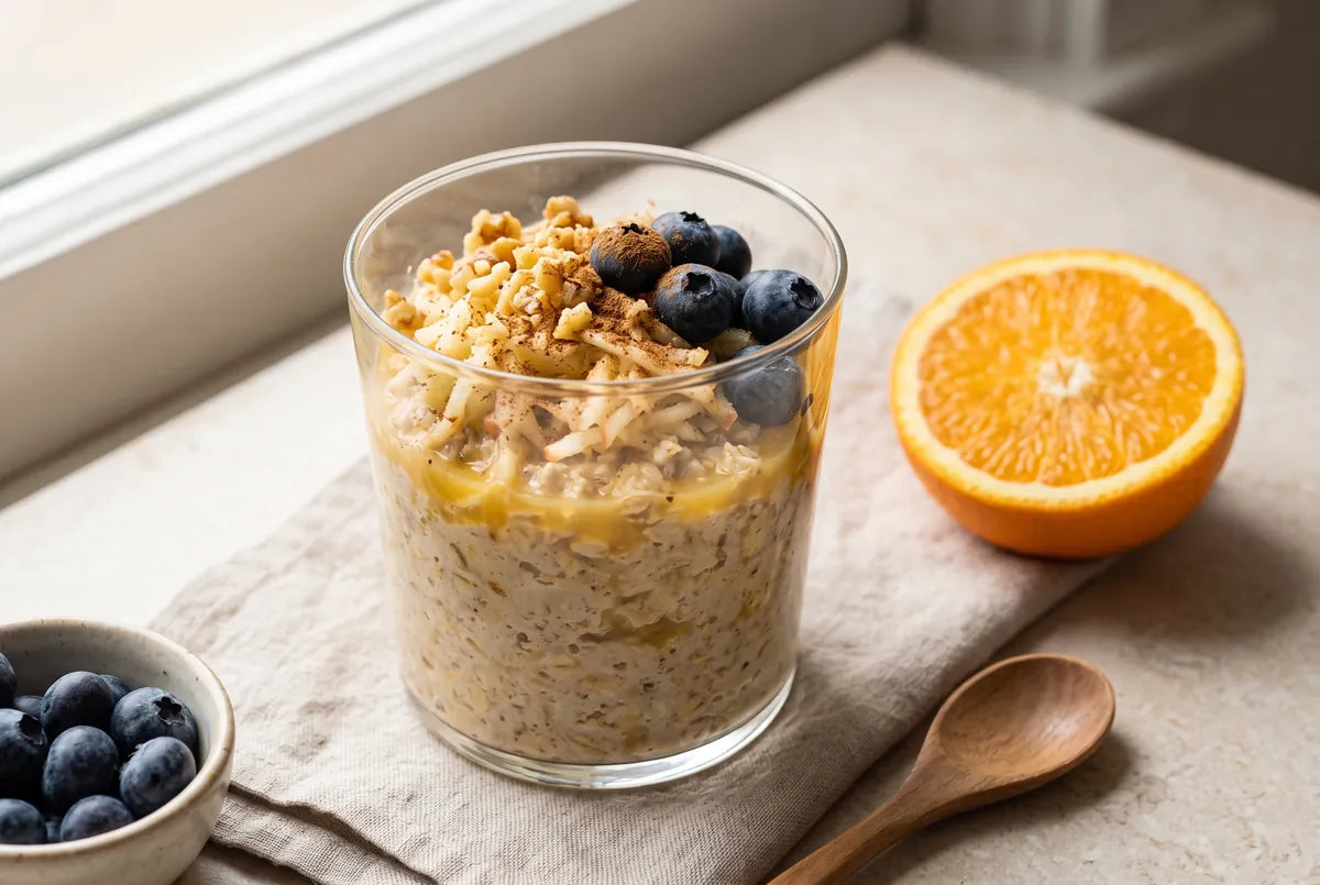 Overnight oats soaked in fresh orange juice instead of milk.